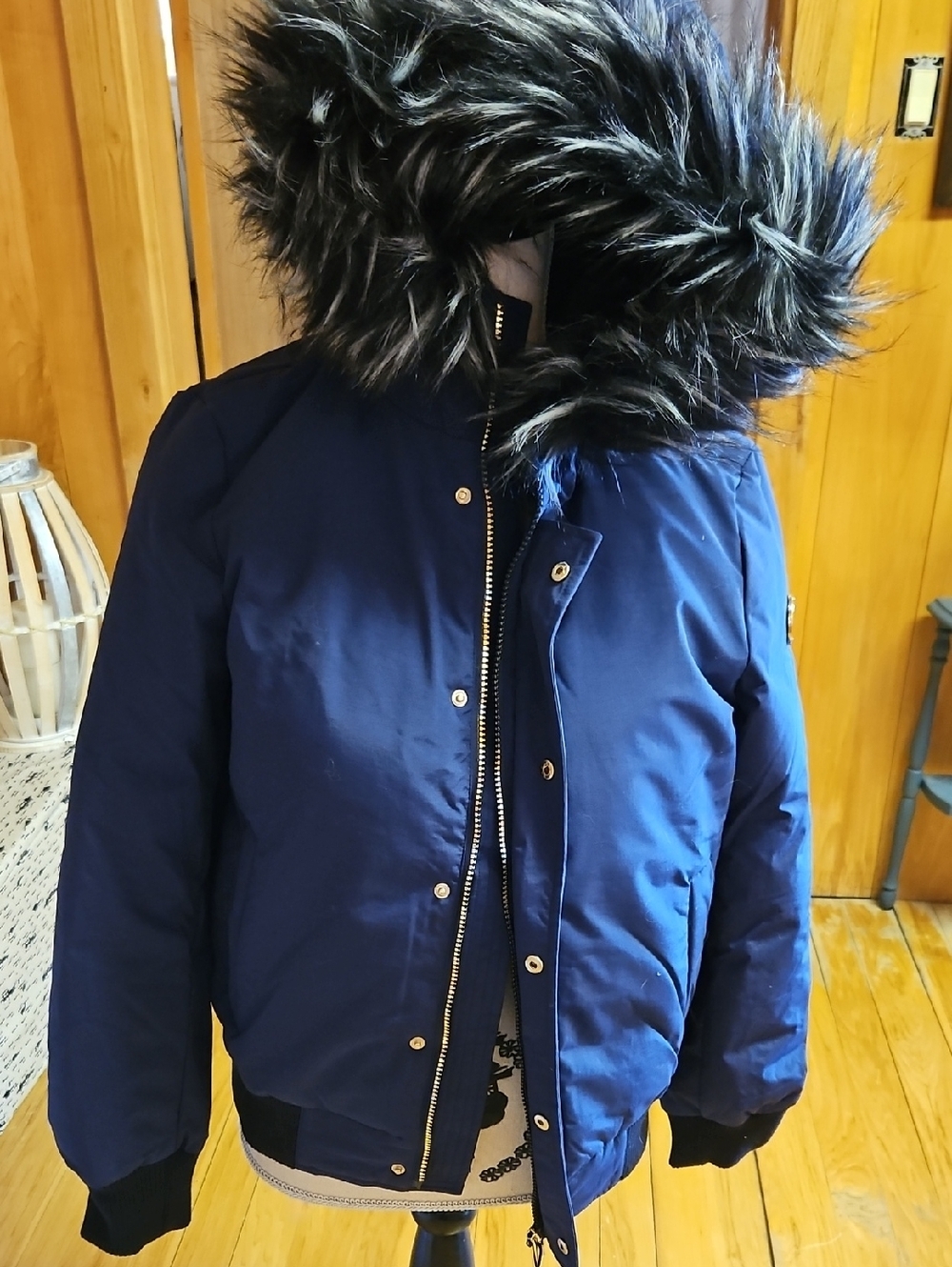 Women's Navy Down Filled Bomber Jacket with Faux Fur Hood Medium
